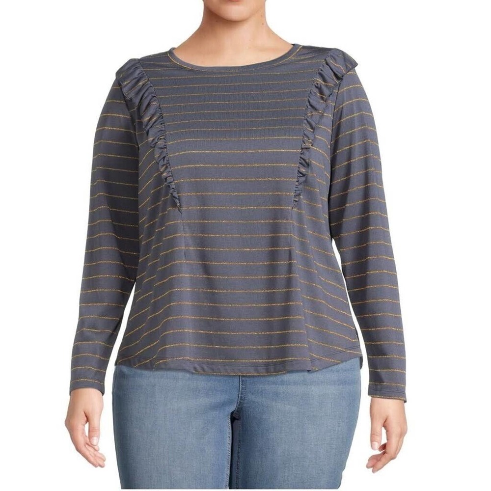 Terra & Sky Gray Gold Striped Ruffle‎ Knit Long Sleeve Top Womans Plus Size 2X